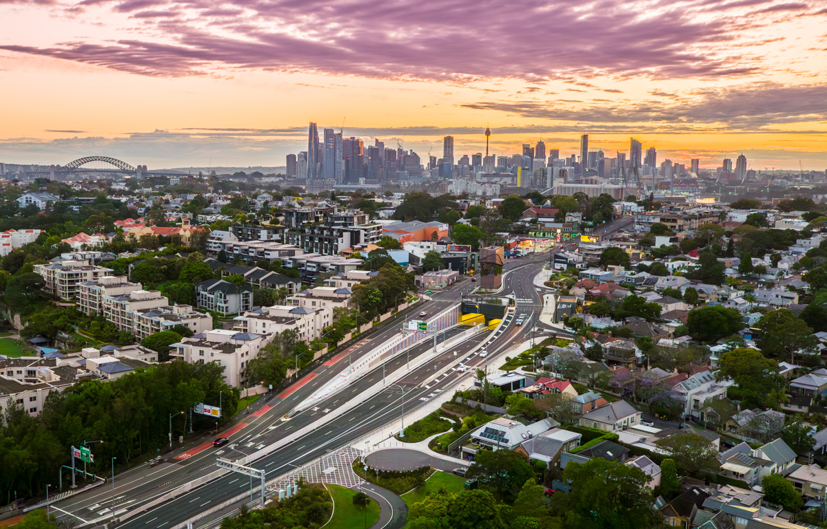 Rozelle Interchange, Iron Cove Bridge, at sunrise shot using a drone.