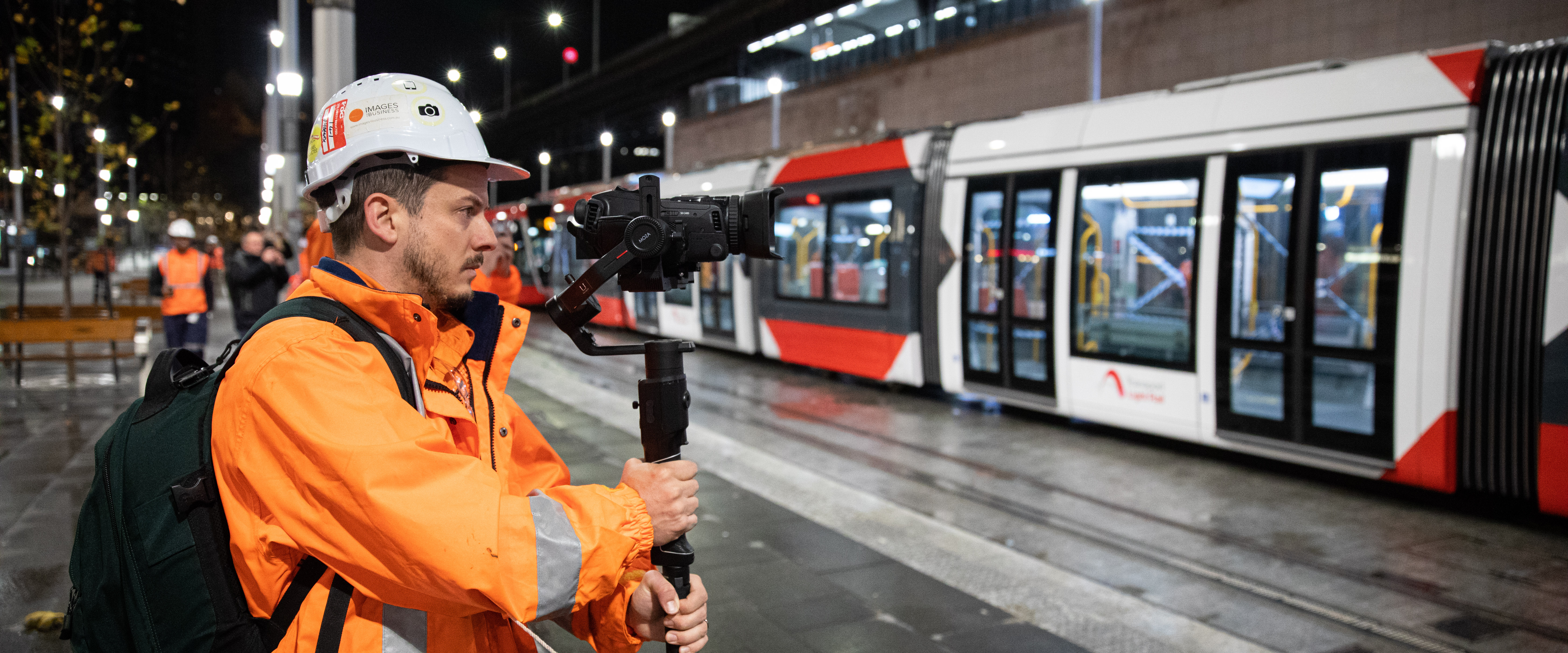 Toby Sain of Images for Business shoots video images for the Sydney Light Rail.